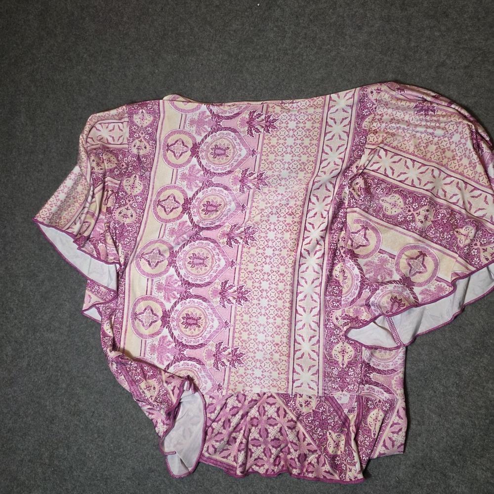 VENUS Women's Pink Purple Geometric Tie Front Ruffle V-Neck Blouse M